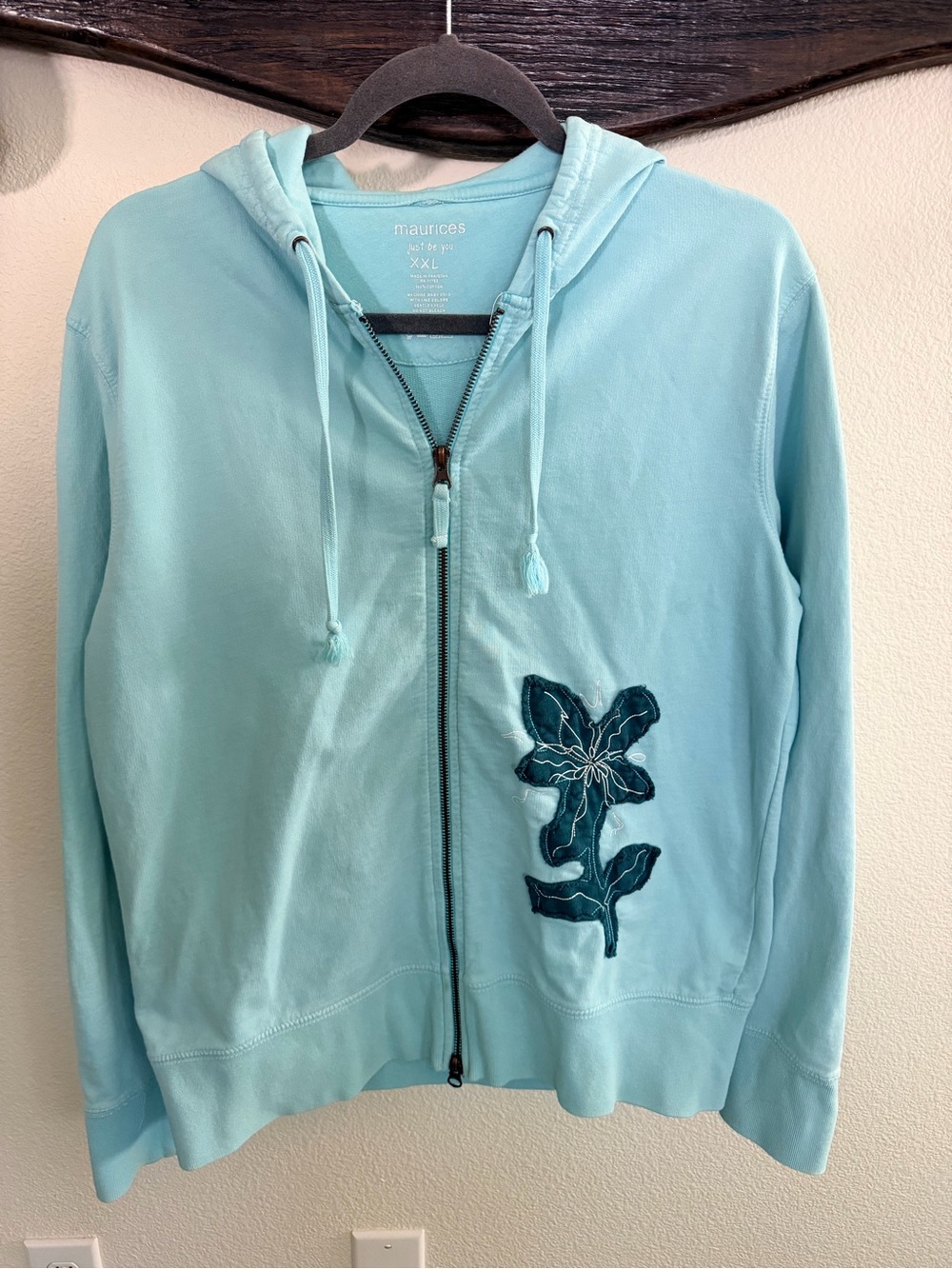 Maurices Aqua Zip Hoodie with Dark Teal Floral Appliqué